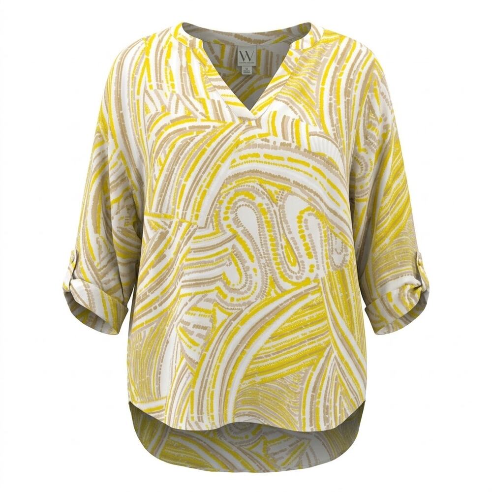 Worthington Yellow V-Neck Tunic Abstract Blouse Women Size 3X